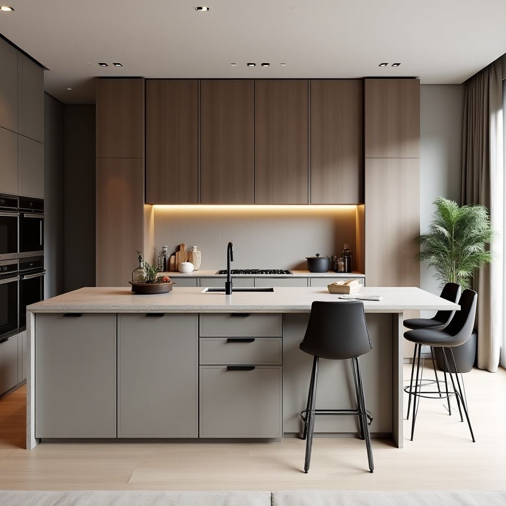 Elegancka kuchnia z wyspą i wysokiej jakości sprzętem w apartamencie