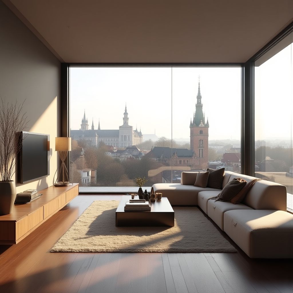 Nowoczesne minimalistyczne wnętrze penthouse'u z panoramicznym widokiem na Wawel
